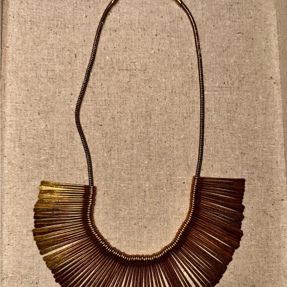 Stella & Dot Gold Statement Necklace with U-Shaped Design and Textured Fringe